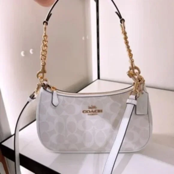 Coach White Signature Jacquard Shoulder Bag with Gold Hardware - Picture 2 of 5